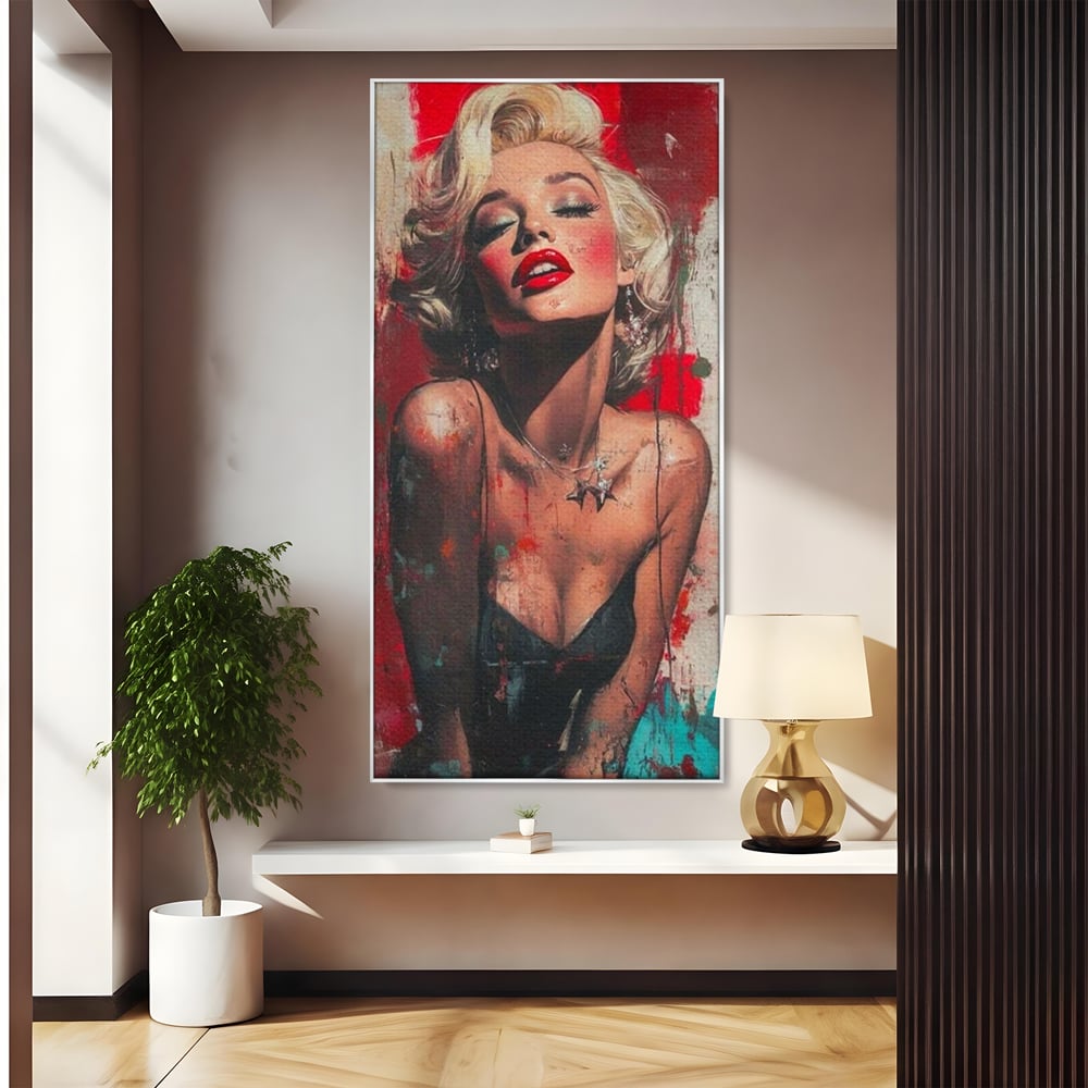 Tablou canvas cu tablou canvas cu portret pop art blonda buze rosii, in rama de aluminiu argintiu